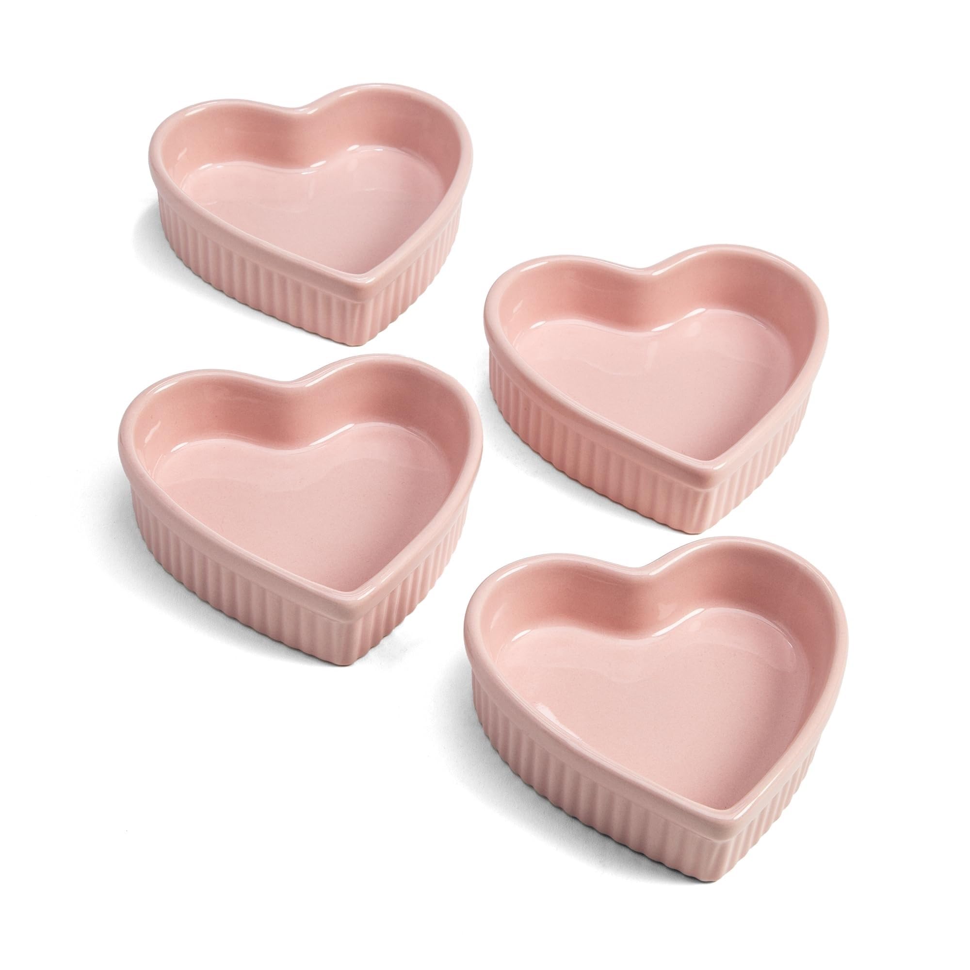 THE WHITE SHOP Heart Shaped Ramekin Set, Mini Ceramic Ramekins, Oven Safe Baking Dishes, Dishwasher Safe, Stoneware Made without PFOA, 4-Piece Set, Pink