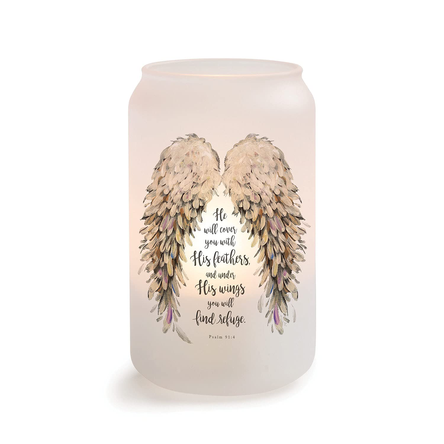 Personalized Planet He Will Cover You with His Feathers Psalm 91:4 Frosted Glass Votive Candle Holder with Spiritual Message for Hallway Display or Tabletop Décor, 13oz 2.5x5