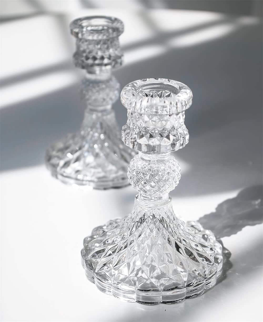 Glass Candle Holder Set of 2, Clear Candlestick Holder and Taper Candle Holder for Wedding Party Table, Valentine's Day, Anniversary, Dining Room Table, Spring Decor (Clear)
