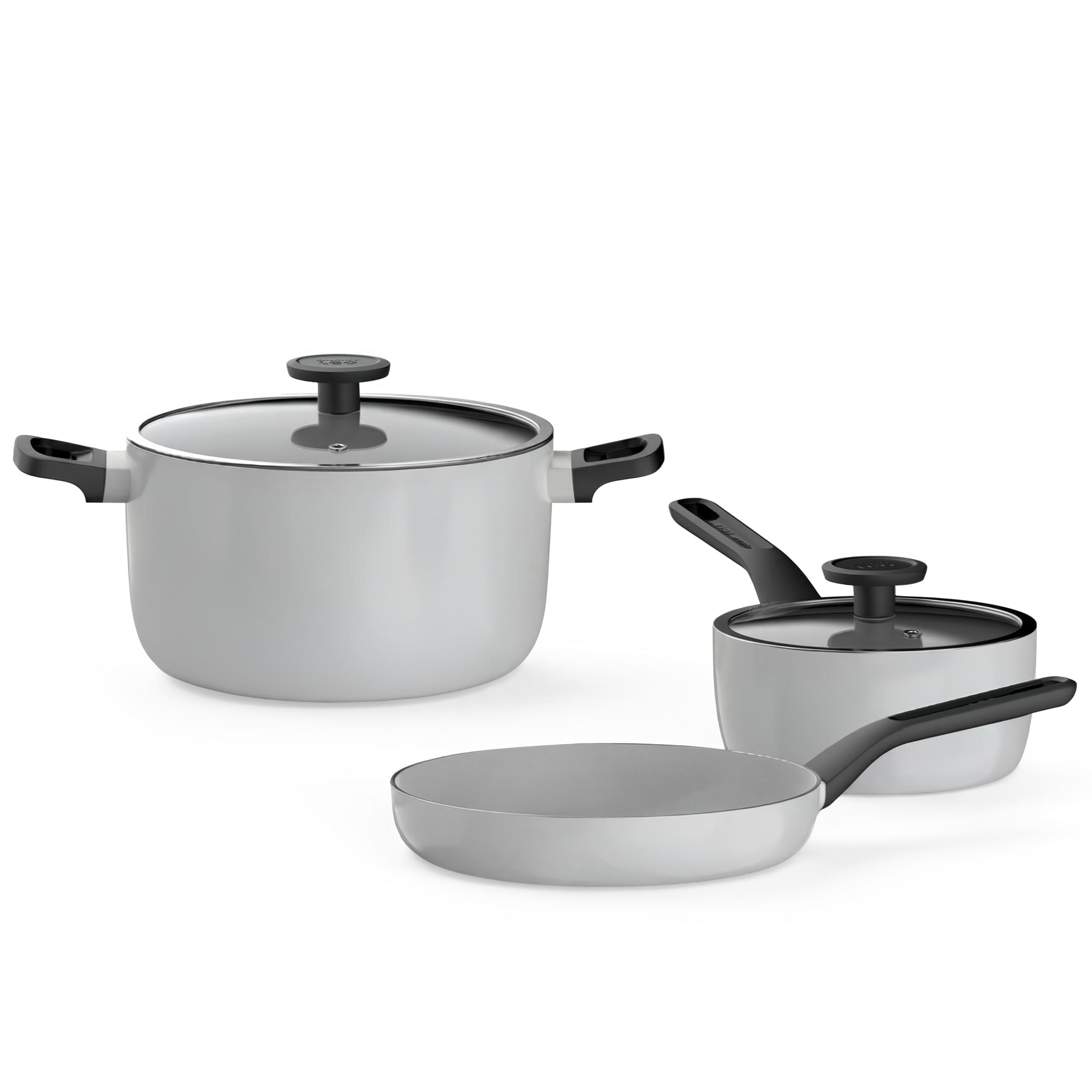 Berghoff Glints Nonstick Ceramic Cookware Set 5 Piece, Non-toxic, Stay-Cool Handles, 16 cm Saucepan, 24 cm Frying Pan, 24cm Stockpot PFAS & PFOA Free, Induction Base, Oven Safe, Spirit/Pearl Grey