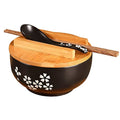 Noodle Soup Cereal Bowl Instant Noodles Tableware Dining Room Tableware Salad Ceramic Bowl Bring Wooden Spoon Wooden Chopstick (Color : Black)