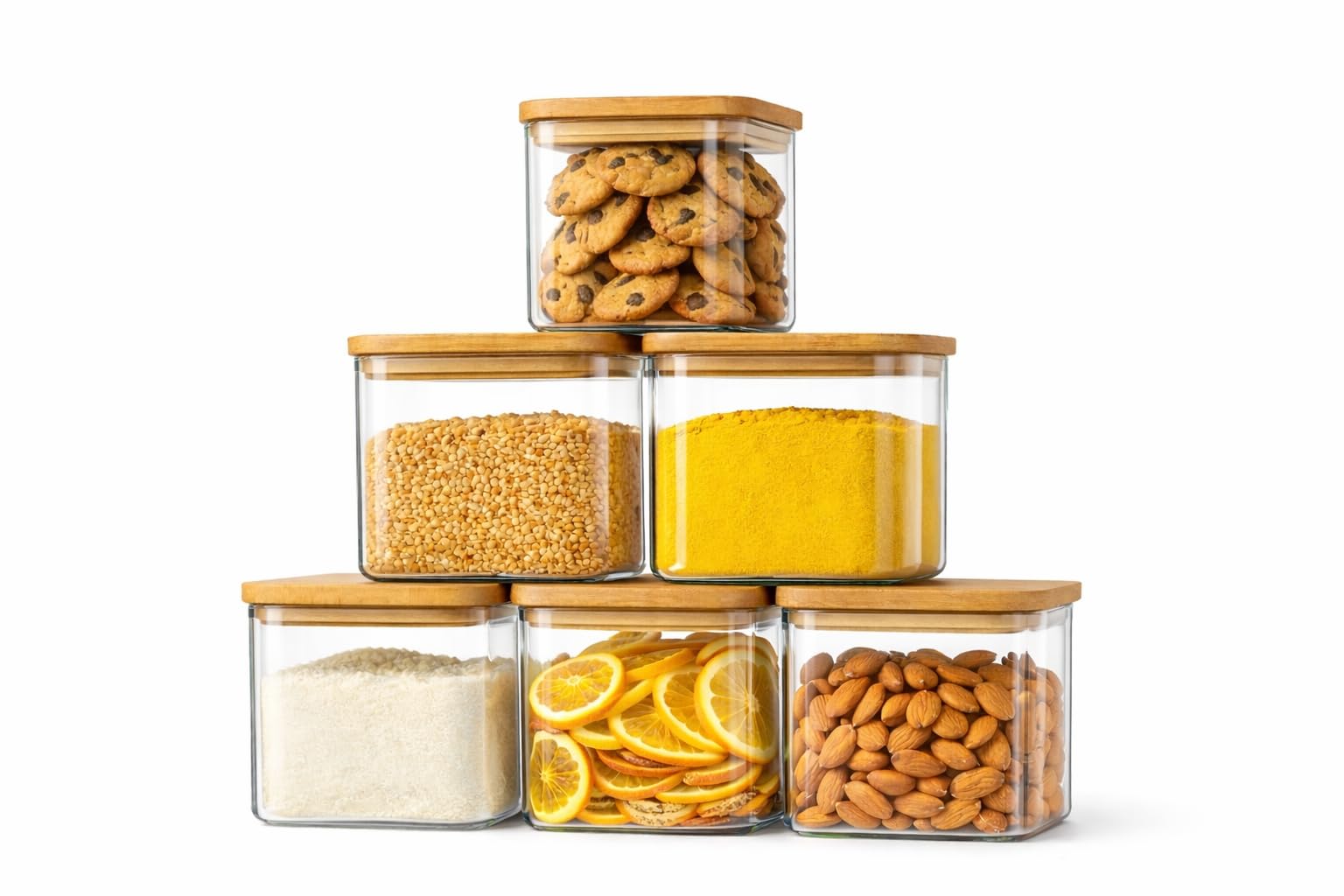 Glass Food Storage Jars Set of 6, 22oz (650ml), Airtight Containers with Bamboo Lids, Stackable Kitchen Canisters for Spices, Coffee, Sugar, Pasta, Tea, Nuts