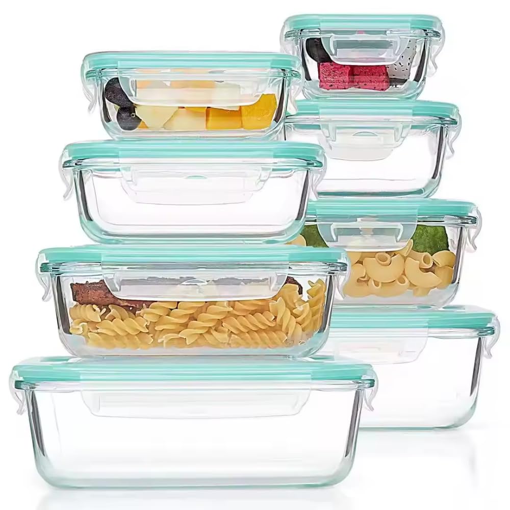 Glass Food Storage Containers with Lids – 8 Pack Airtight Meal Prep Containers, Leakproof BPA-Free Glass Lunch Boxes, Microwave, Oven, Freezer & Dishwasher Safe