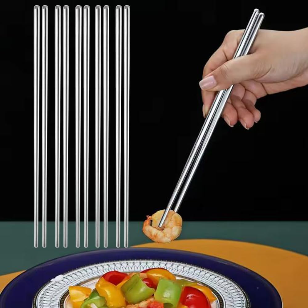 5pairs Chinese Chopsticks Stainless Steel Non-slip Chopstick Korean Japanese Food Metal Stick Reusable Kitchen Tableware,22.5cm*0.6cm