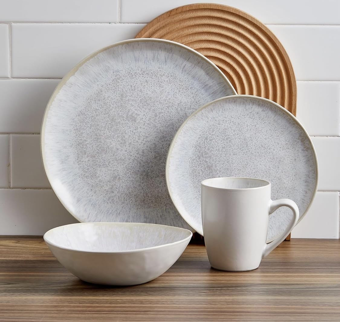Golden house Coupe Dinner Set For 4-16 Piece Ceramic Tableware - Dishwasher Microwave Safe Stoneware Crockery - Reactive Glaze, Grey - 4 x Dinner Plate, 4 x Medium Plate, 4 x Cereal Bowl, 4 x Mug