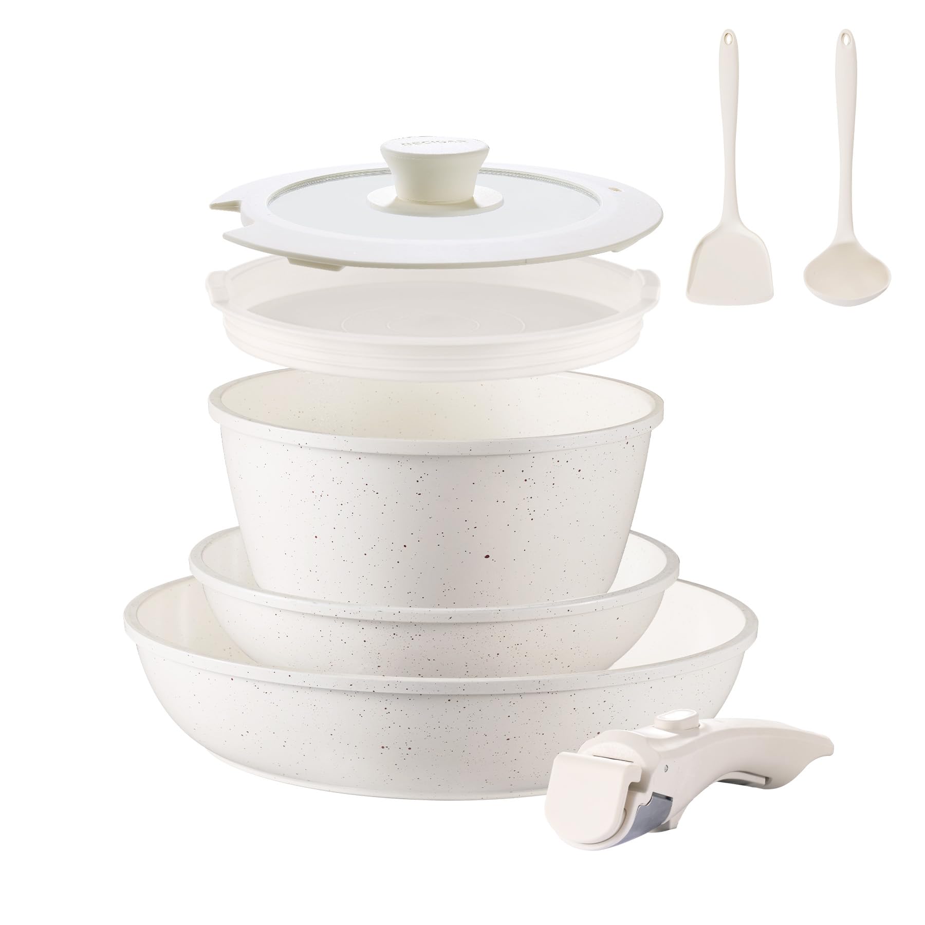 8pcs Ceramic Pots and Pans Set, Non Stick Cookware Set, Detachable Handle Cookware, Induction Kitchen Cooking Set with Removable Handle,Oven Safe, Induction Fast, Stackable Cookware Set