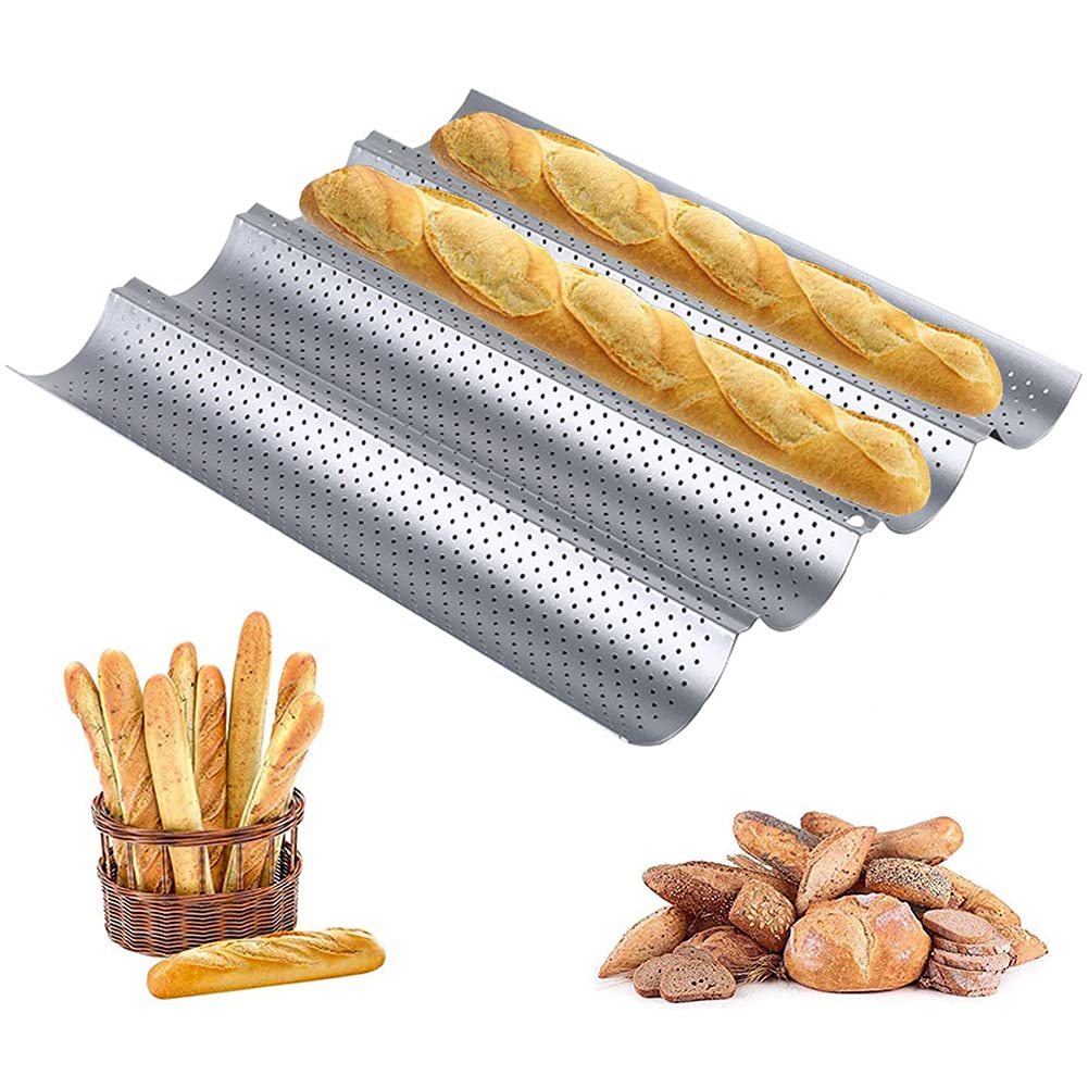 Perforated Baguette Baking Tray French Bread Baking Pan Loaves Loaf Bake Mold Pan 4 Wave Loaves Baking Beginners and Cake Lovers