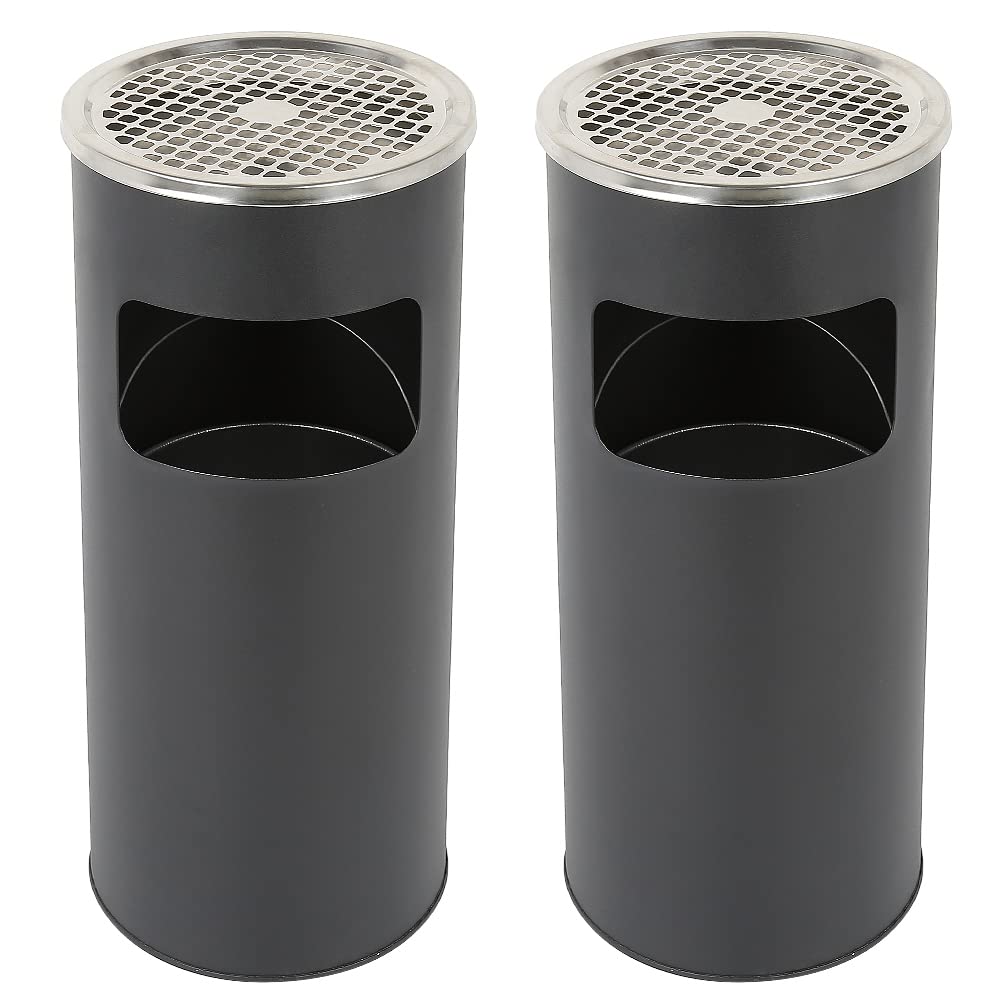 Set of 2 30 Litre Bin with Ashtray Standing Ashtray for Outdoor Use Removable Stainless Steel Waste Bin Diameter 25 x 60 cm (Black)