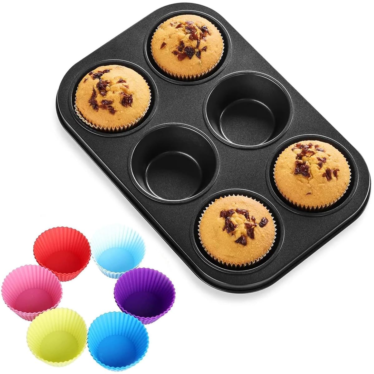 Muffin Pan with 6 Liners, Reusable Non-Stick Cupcake Pan Standard 6-Cup Metal Tray for Muffins, Cupcakes, Handmade Soap (Random Colors)