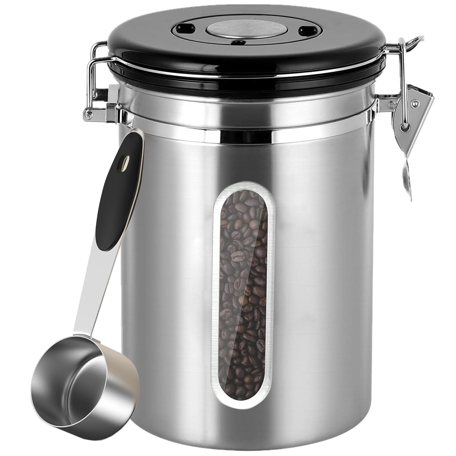 U-HOOME Airtight Coffee Canister,22OZ Stainless Steel Coffee Bean Storage Container w/Date Tracker,Window &Measuring Scoop,Kitchen Food Storage Container for Grounds Coffee,Beans&Tea (Silver)