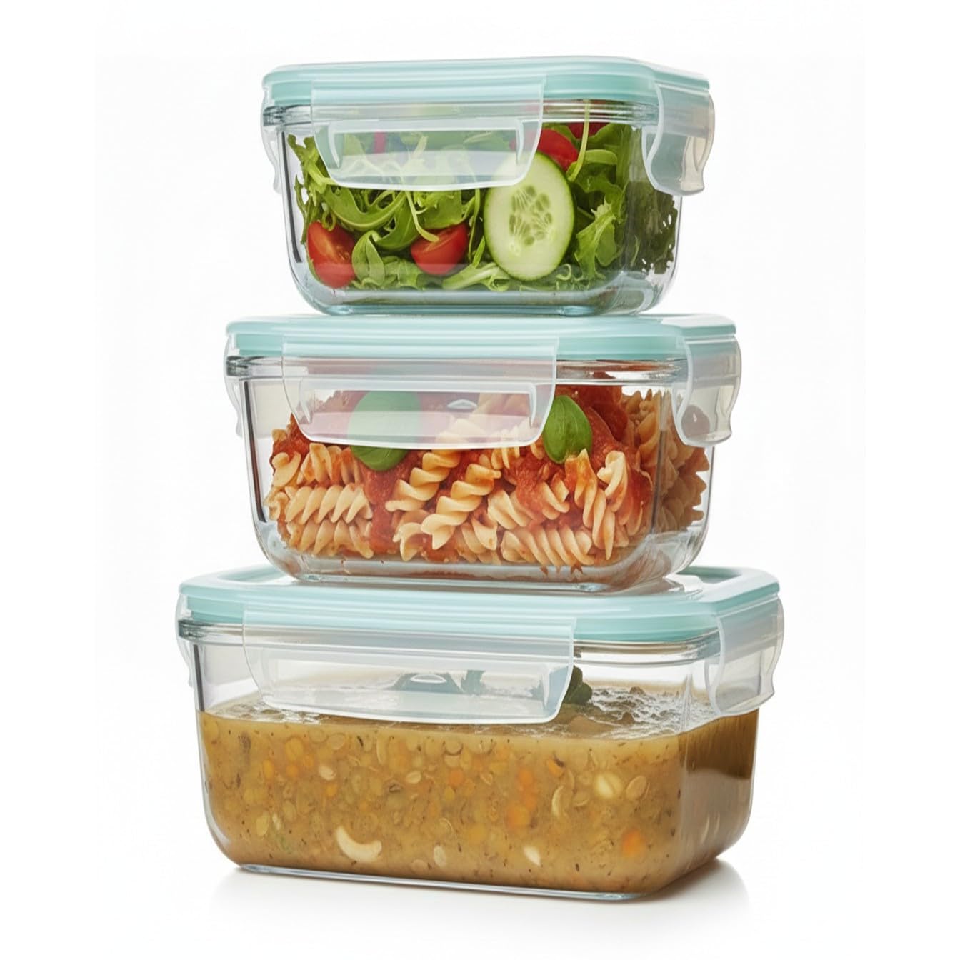 Houzi 3 Pcs Borosilicate Glass Containers with Leak Proof Airtight Lid, Food Starage Container Dishwasher, Microwave, Freezer, Oven Safe, BPA Free (Square)