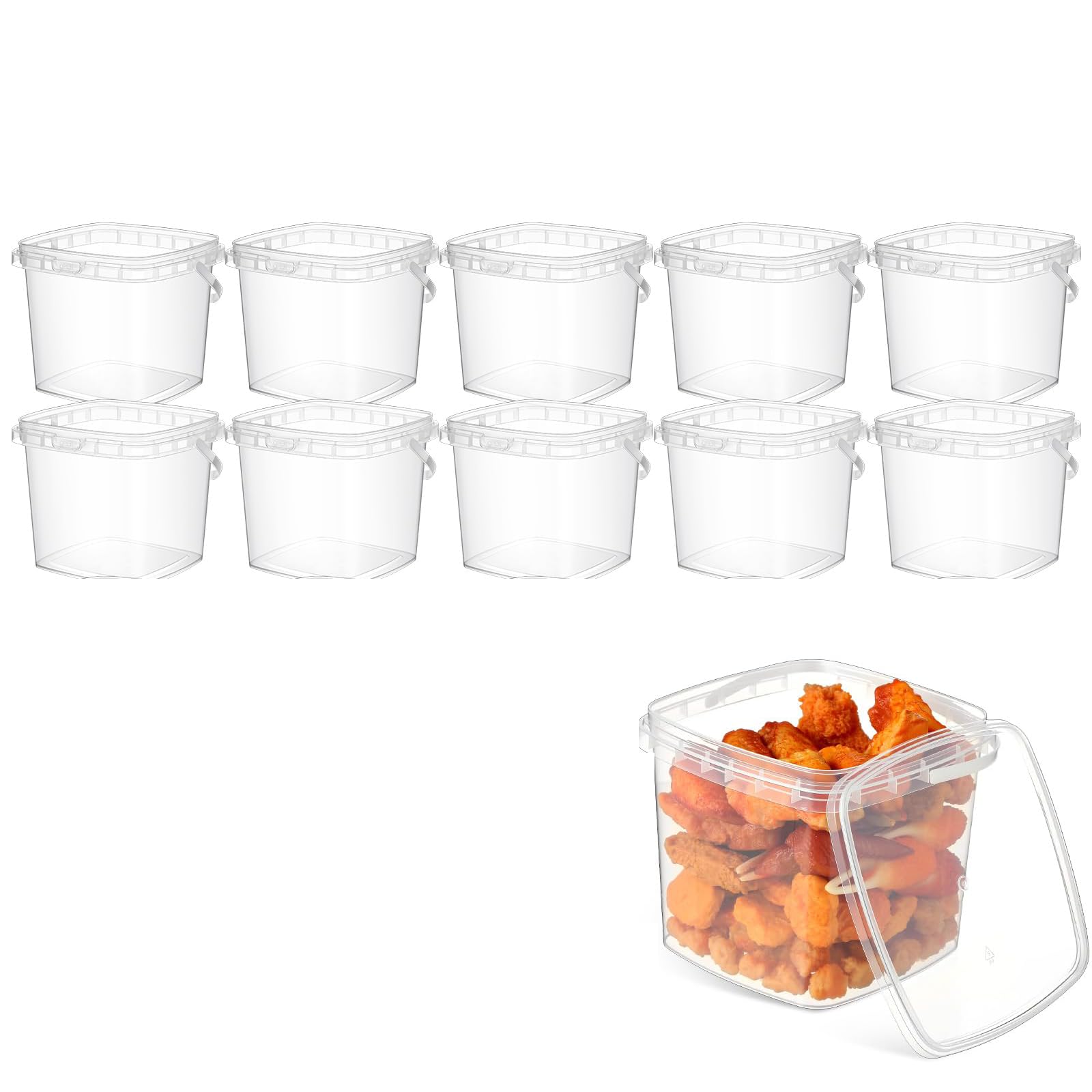 10Pcs Square Deli Containers, with Lids and Handle Clear Plastic Food Containers Reusable Ice Cream Buckets Freezer and Microwave Safe for Kitchen Food Drinks Storage Take Out, BPA Free, 5 L/169 oz