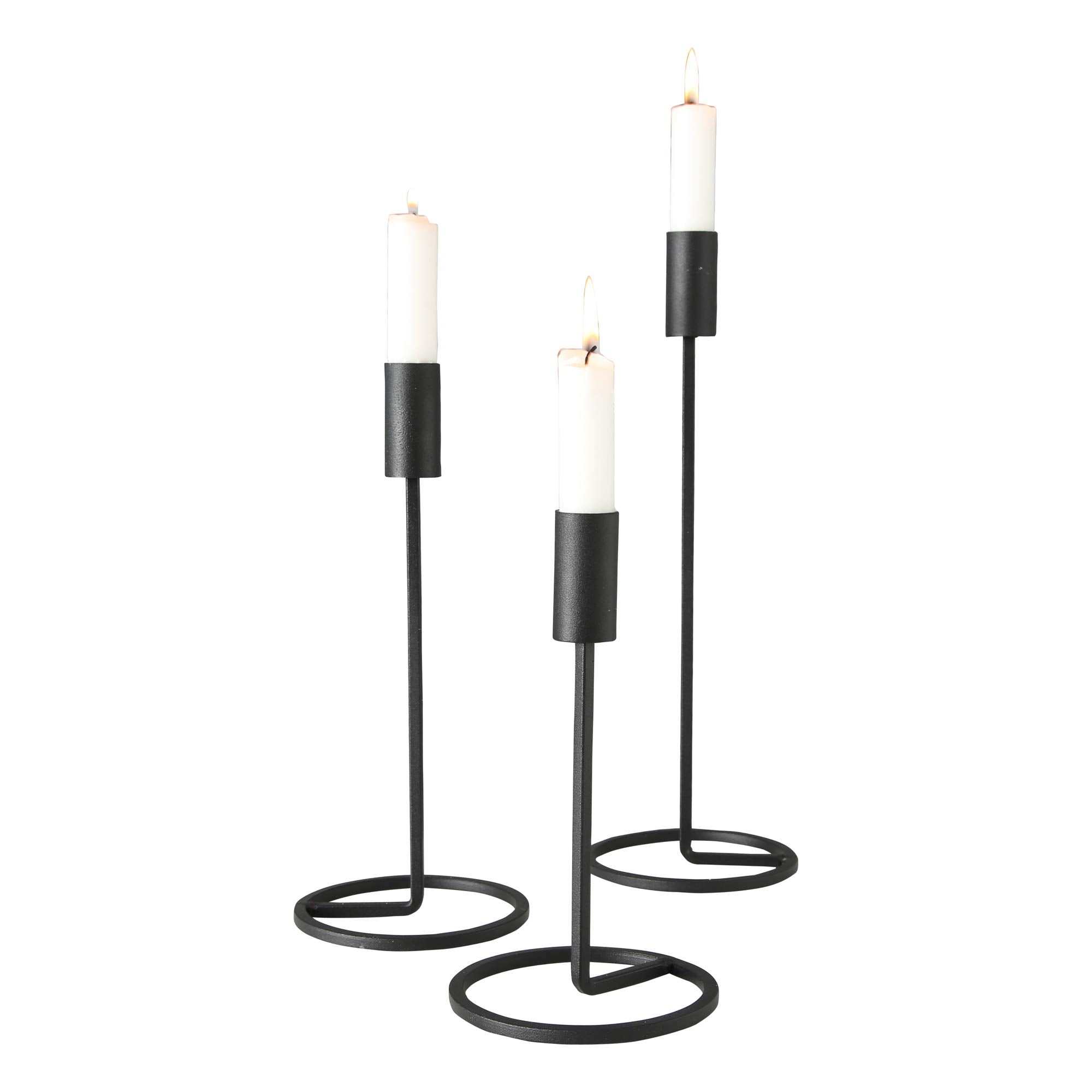 WHW Whole House Worlds Curled Base Cylinder Top Taper Candle Holders, Set of 3, Artisan Crafted, Rustic Black, Hand Rubbed Iron, 12.5, 10.25, and 7.75 Inches Tall