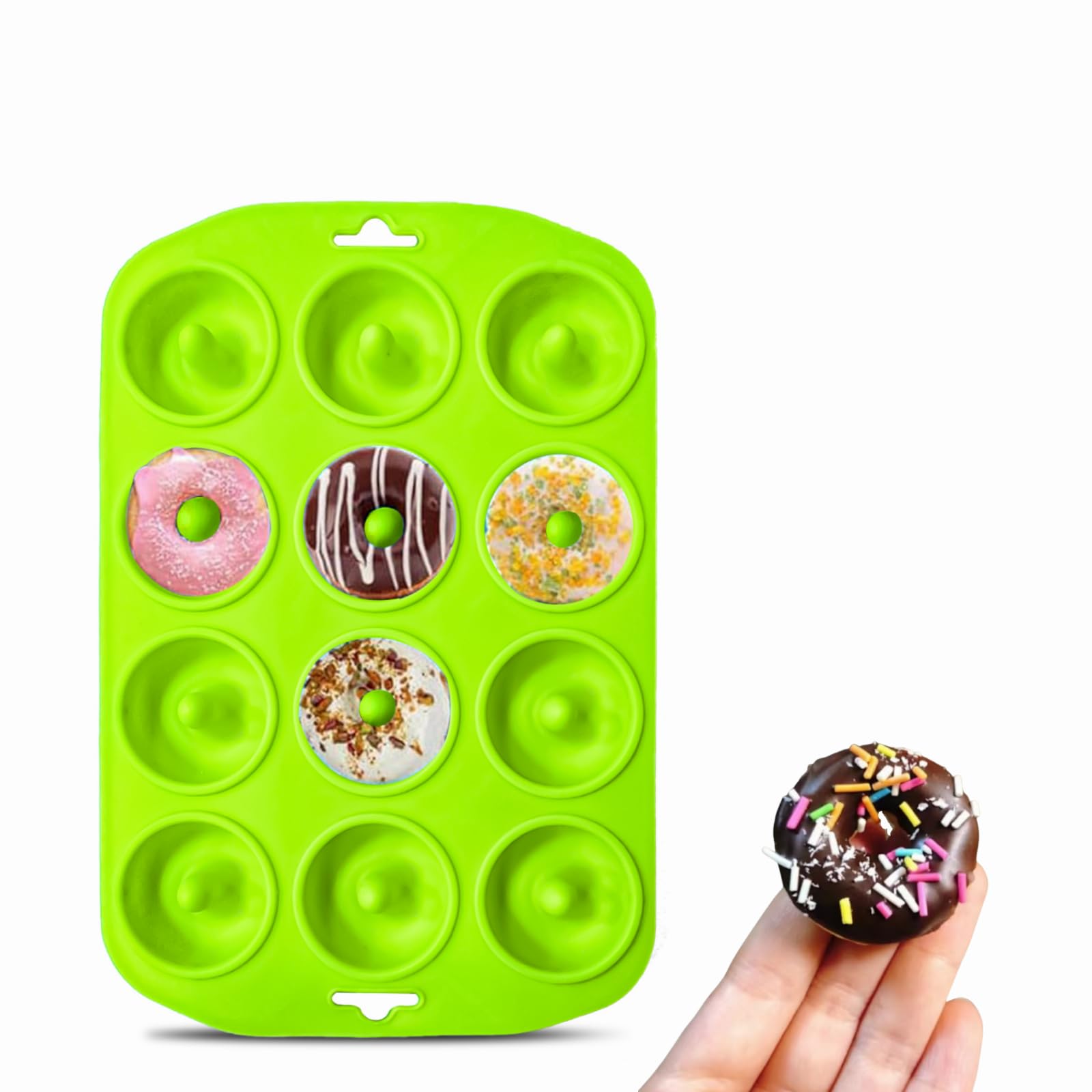 Silicone Mini Donut Maker Baking Muffin Pan Tray 12 Holes Pure Food Grad Green makes12 Full Size Donuts, BPA Free, German LFGB Approved