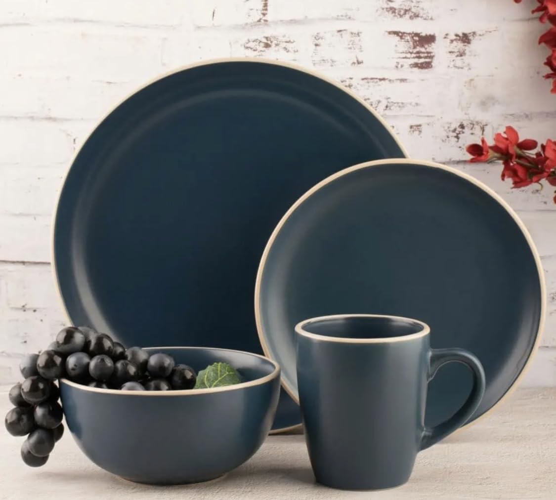 16-Piece Stoneware Dinnerware Set, Dinner Sets, Tableware Combination Set Service for 4, Plates, Bowls, mugs, for Family Restaurant Party, Blue Matte
