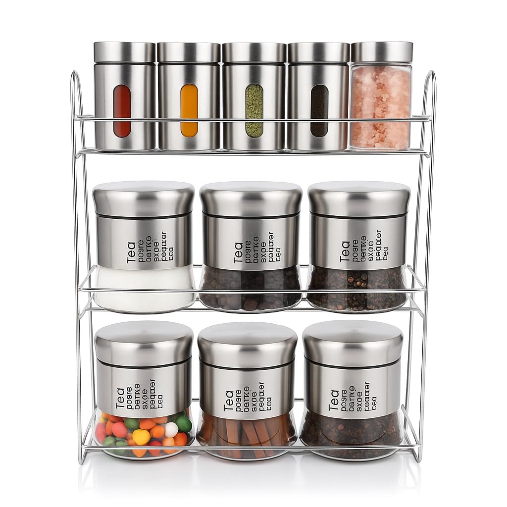 3M ART Kitchen Organizer Spice Storage Set | 9 Stainless Steel Containers with See-Through Lids | Space-Saving 3-Tier Storage Organizer Rack for Spices, Tea, Coffee, Sugar | 30x10x36 cm Silver