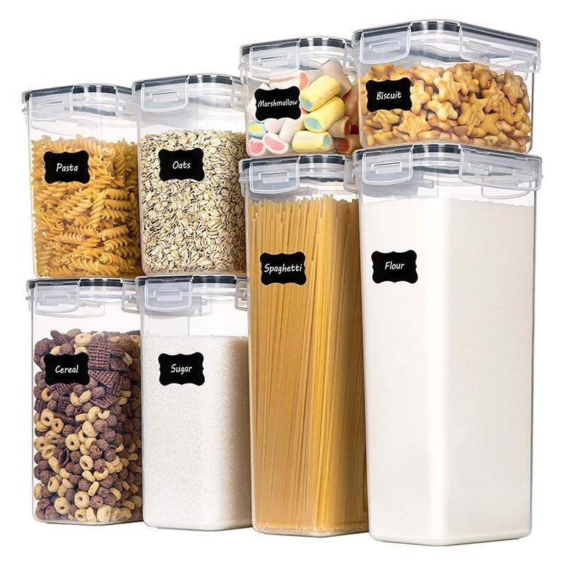 SKY-TOUCH 8 PACK Airtight Food Storage Containers Set, 4 SIZE BPA-Free Plastic Pantry Jars with Lids for Pasta, Spaghetti, Flour, Rice, Cereal & Grains Clear Kitchen Organizer Containers