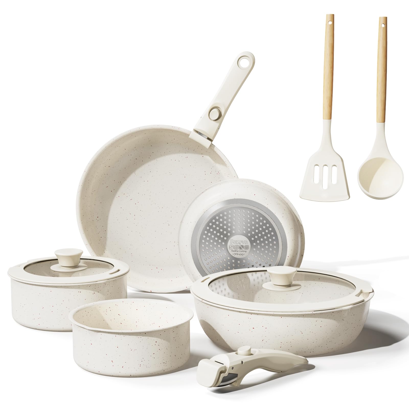 11 Pcs Pots and Pans Set Non Stick with Removable Handles,Ceramic Cookware Set Non Toxic,Induction Kitchen Cooking Sets,Nonstick RV Cookware,Dishwasher/Oven Safe,PFAS/PTFE/PFOA Free,Cream White