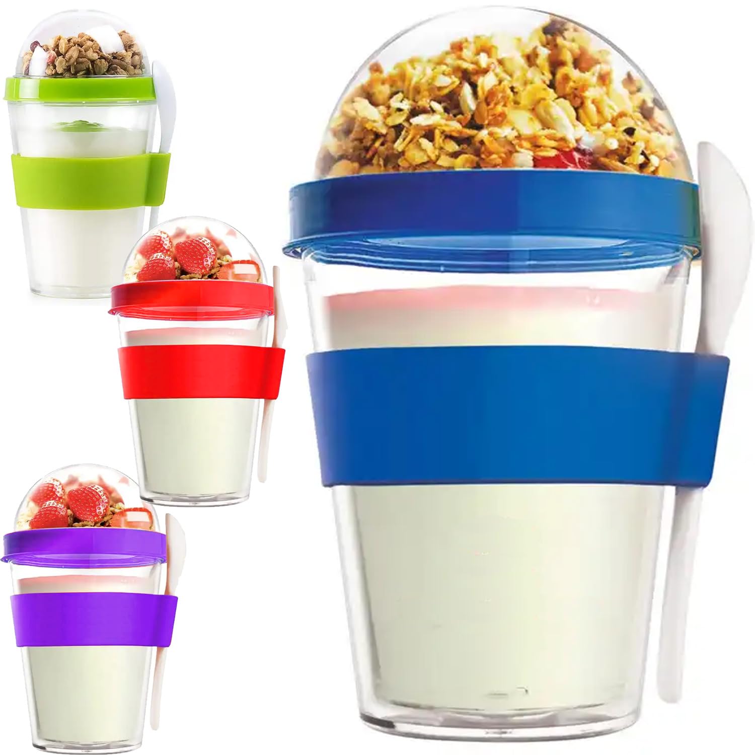 Premify Overnight Oats Jar, 4Pcs Double Wall Parfait Cups with Lids & Spoon, 450ml/15oz Each Cup, /Yogurt/Breakfast On the Go Reusable Plastic Containers, Milk Jar/Oatmeal Breakfast/Smoothie Cups