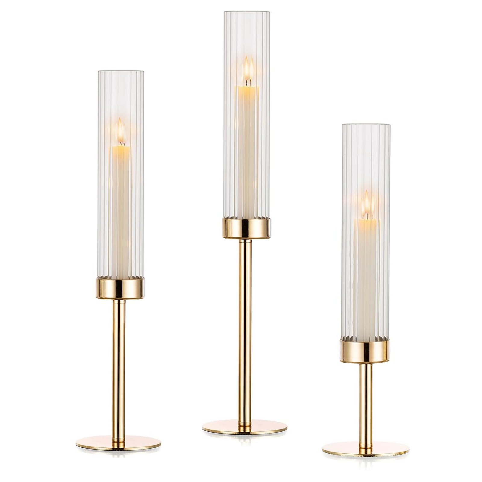 Gold Hurricane Candle Holders, Set of 3 for Glass Windproof Candlestick Holders,Tall Taper Candle Sticks Holder Decor for Home Decor, Wedding, Dinning, Party Decorative, Anniversary,Valentine (3 Pcs)