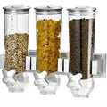 BAKAJI Triple Wall Mounted Cereal Dispenser, Three Wall Mount Dispenser, Dispenser for Dry Food, Candies, Corn Flakes, Nuts, Removable Lid with Airtight Closure (Silver)