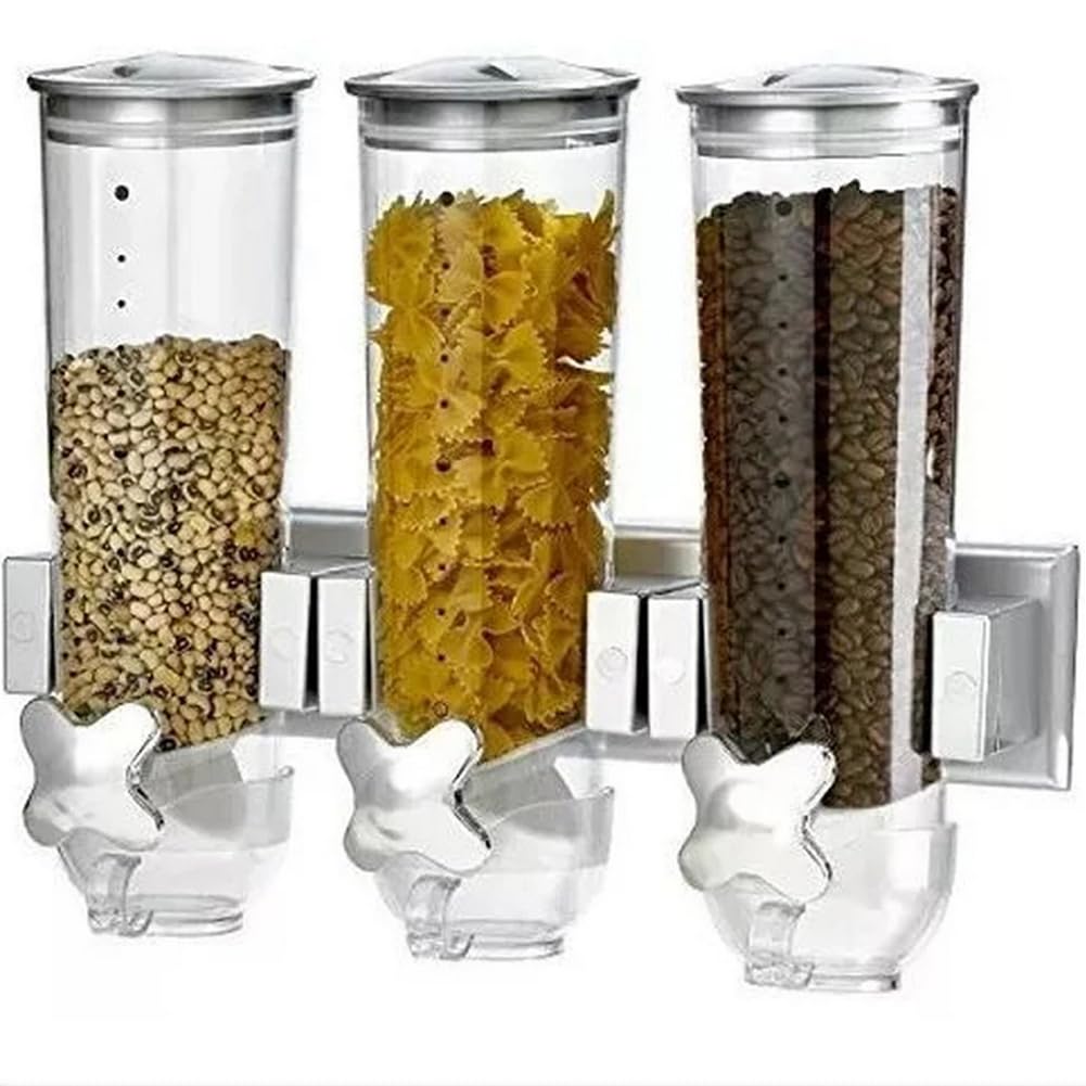 BAKAJI Triple Wall Mounted Cereal Dispenser, Three Wall Mount Dispenser, Dispenser for Dry Food, Candies, Corn Flakes, Nuts, Removable Lid with Airtight Closure (Silver)