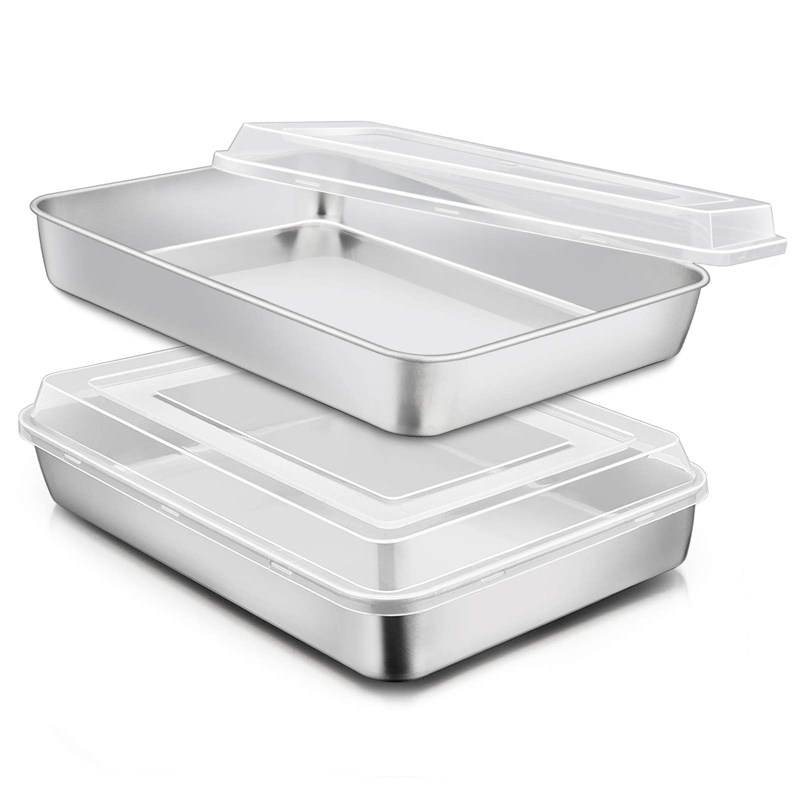 E-far Stainless Steel Baking Pan with Lid, 12? x 9¾ x 2 Inch Rectangle Sheet Cake Pans with Covers Bakeware for Cakes Brownies Casseroles, Non-toxic & Healthy, Heavy Duty & Dishwasher Safe - Set of 2