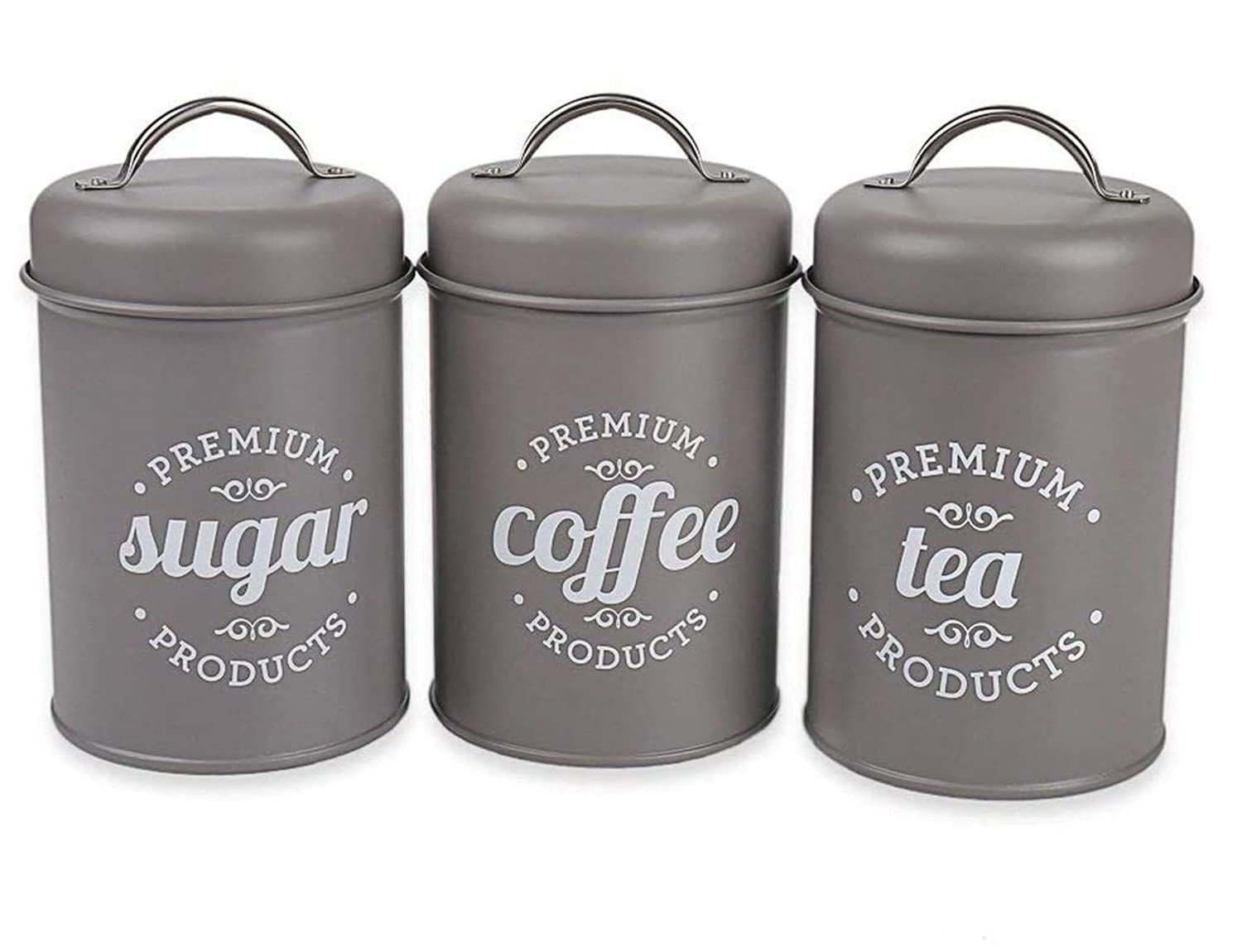 NC 3 PCS Airtight Kitchen Canister Decorations with Lids, Grey Metal Rustic Farmhouse Country Decor Containers for Sugar Coffee Tea Storage