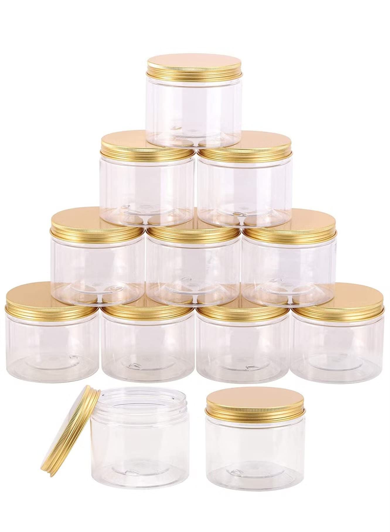 Alsaqer12 Pieces 250 ml Empty Bottle Refillable Clear Plastic Jars with Gold Lids for Food Home Storage Products Round Containers Candy,Spices,Buiscuts