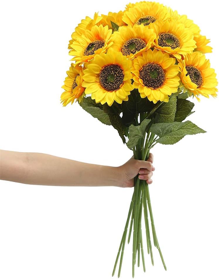 Laelfe 6PCS Artificial Sunflower Flowers Long Stem Silk Fake Sunflowers Decoration for Outdoor Home Wedding Birthday Party Single Bulk Yellow (Dark Center)