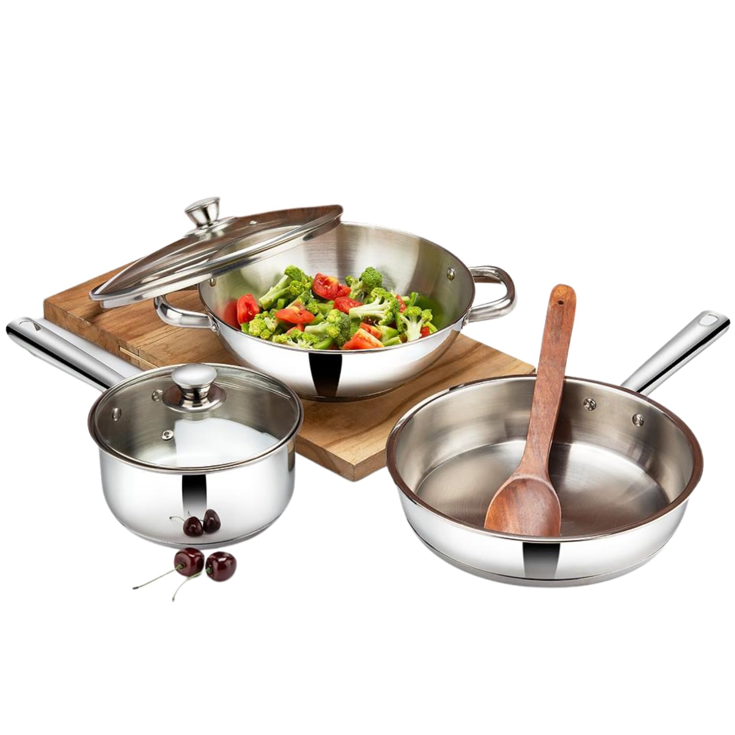 Vinod Modena Stainless Steel Cookware Set of 5 |Kadai (2.7 Litre) & Saucepan (1.5 Litre) & Frypan (24 cm) with 2 glass lids|SAS Bottom|Mutlipurpose Set|Induction and Gas Stove Friendly