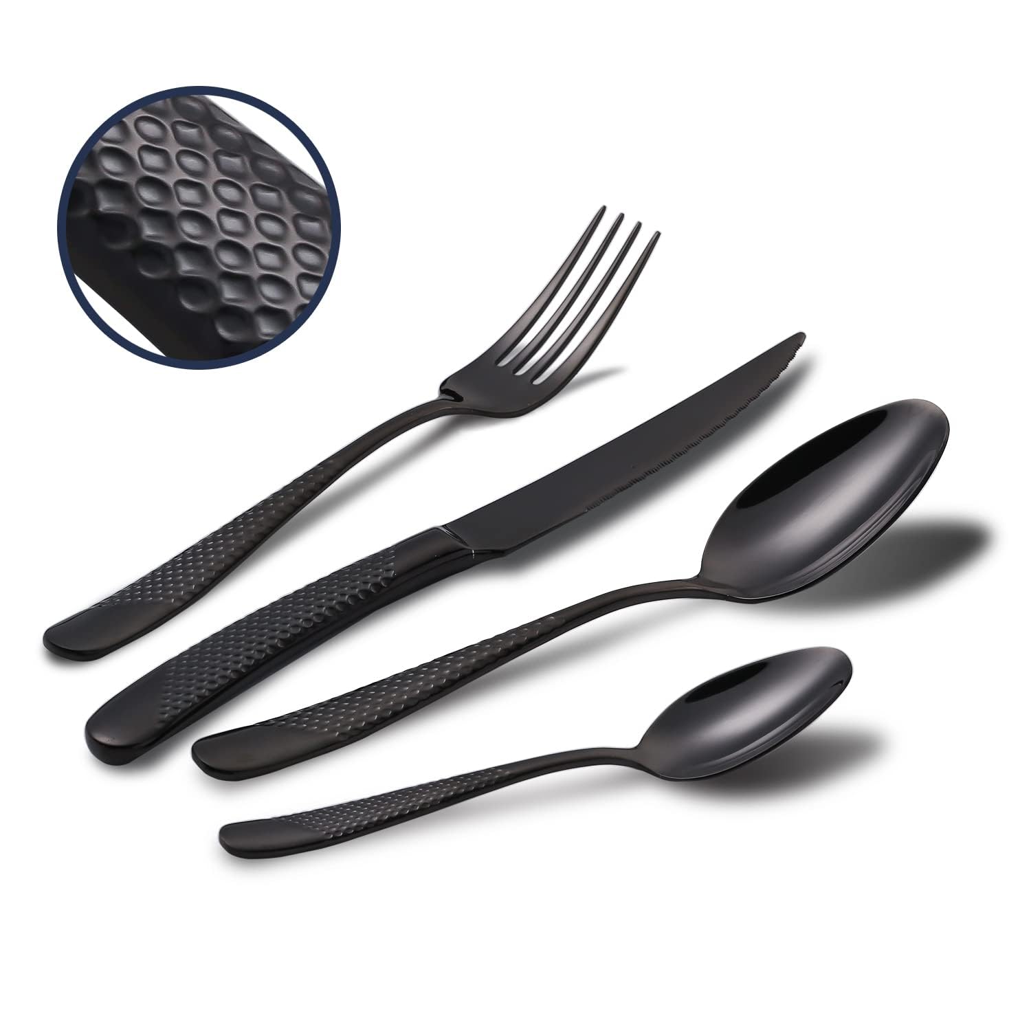 TERRIFI Hammered Silverware Set, 4-Piece Modern Black 18/10 Stainless Steel Flatware Set with Forks Spoons and Knives, Unique Metal Cutlery Sets for Home Restaurant, Mirror Polished & Dishwasher Safe