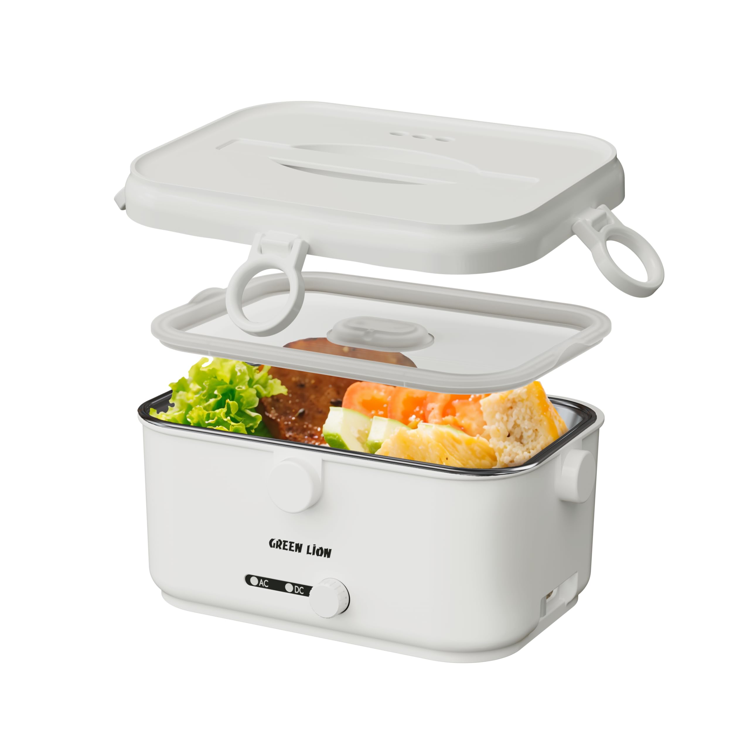Green Lion Electric Lunch Box with Removable Inner Container, 1.8L Capacity, 30-90°C Temp Control, BPA-Free, Insulated Carry Bag Included, Portable Cordless Food Warmer for Adults & Kids (White)
