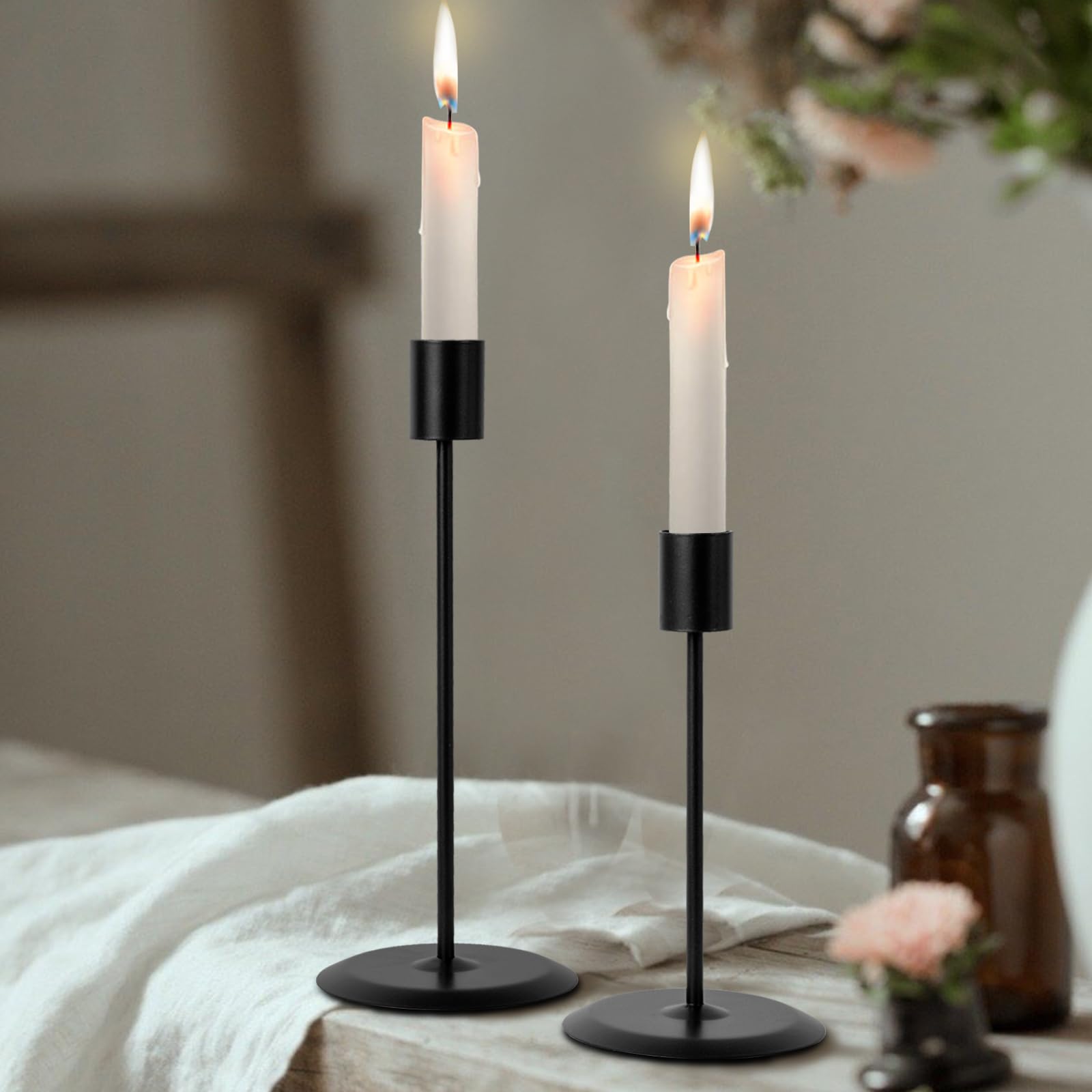 HOMMAX Matte Black Candle Holders, Set of 2 for Taper Candles, Modern Decorative Candlestick Holder for Dinning, Party, Table, Romantic for Wedding, Birthday, Dinner Home, Bar (Metal Candle Stand)