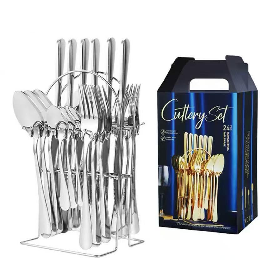 Nyganmelloz 24 Piece Stainless Steel Cutlery Set with Stand Service for 6, Mirror Polish Silverware Set Fork Spoon Knife Includes Coffee Spoon, Dishwasher Safe, Gift Box