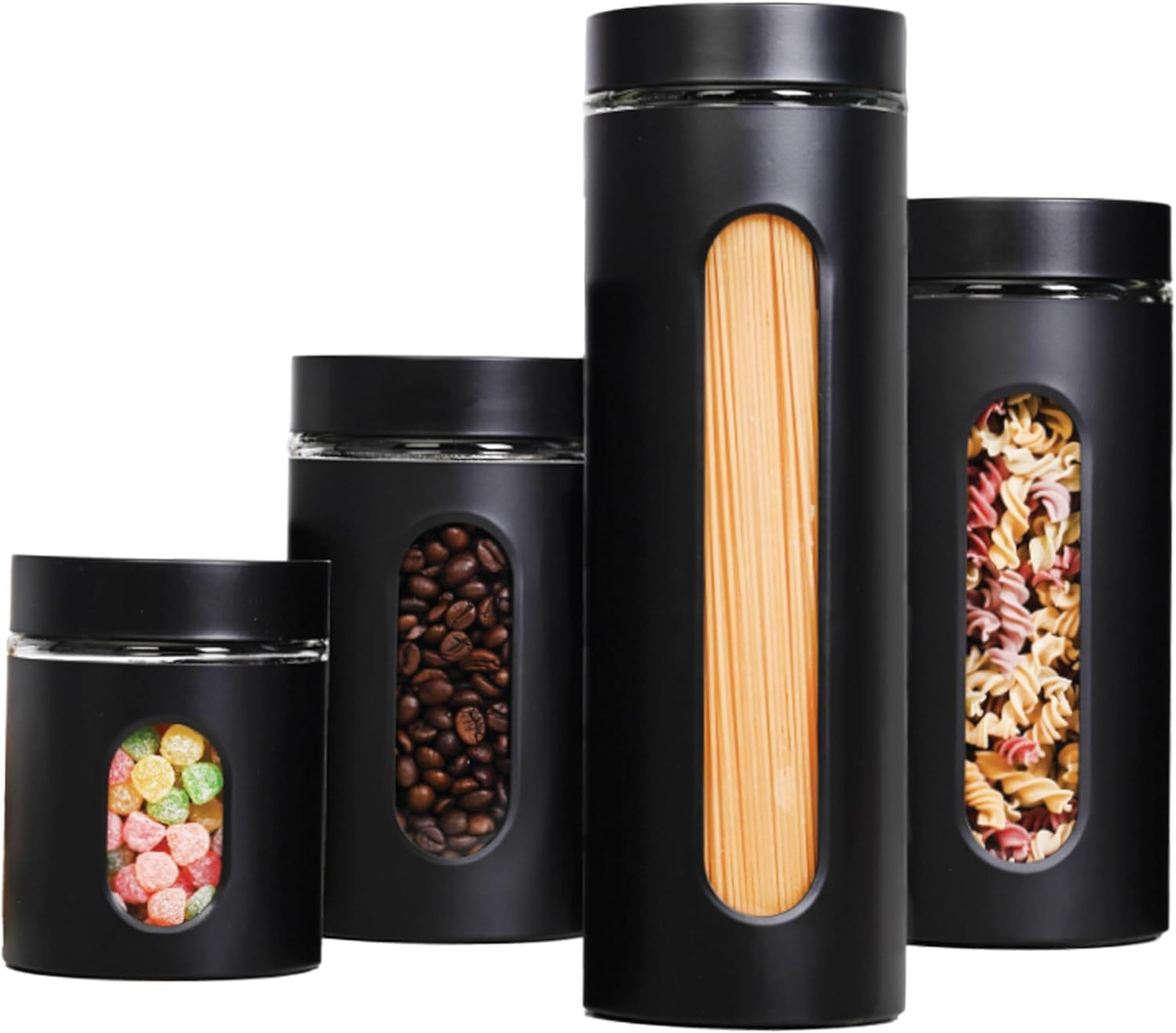 Modern 4 Pcs Stainless Steel Food Storage Canisters Set for Kitchen with Glass Window and Airtight Lid, Perfect for Storing Coffee, Spaghetti, Sugar, Beans and Dry Ingredients