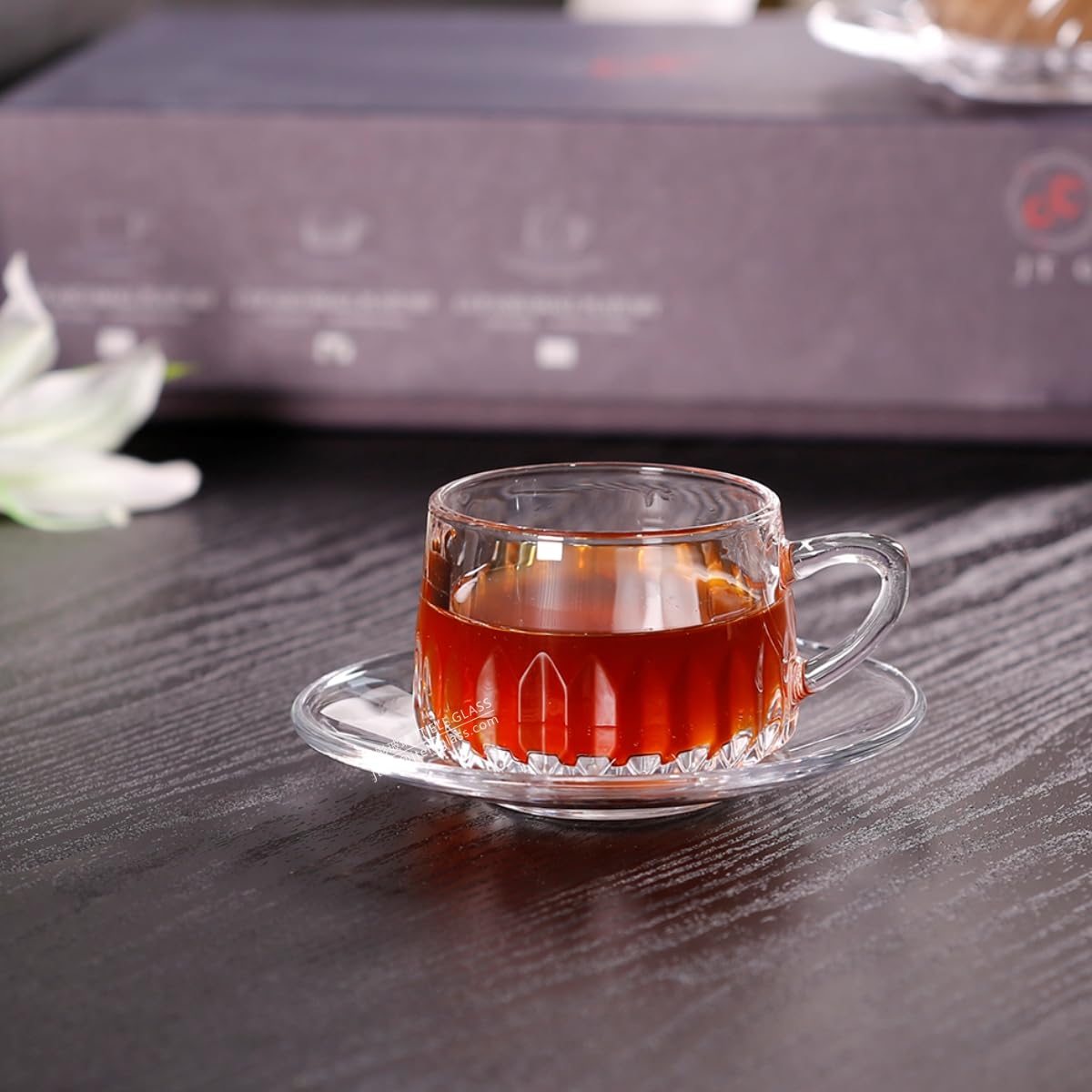 JT Glass Set of 12PCS Includes 6pcs Ocean Design Expresso Coffee Cup Strong Tea Mug 6.7 OZ and 6 pcs Saucer Set Tableware Kitchenware Transparent Clear Glass
