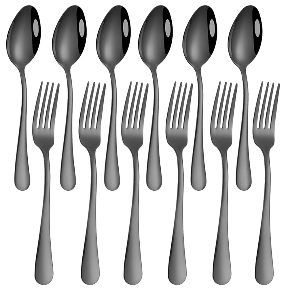 findTop Set of 12, Black Plated Stainless Steel Dinner Forks and Spoons, Heavy-duty Forks (8 Inch) and Spoons (7 Inch) Cutlery Set- Black