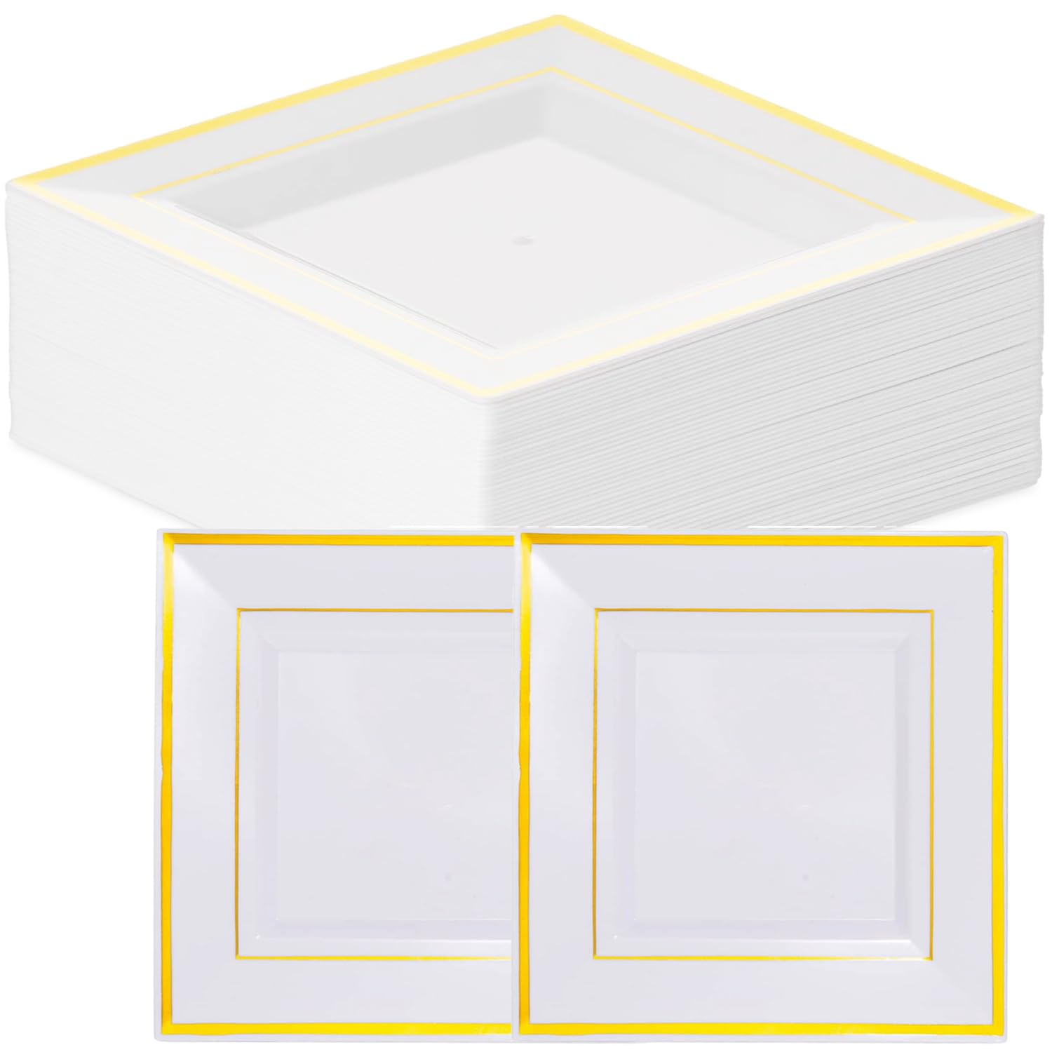Gold Plastic Plates Disposable, 25 Pieces Hard Plastic Dinner Plates with Gold Rim Reusable Salad Plates for Travel Party Wedding Picnic (L 24cm)