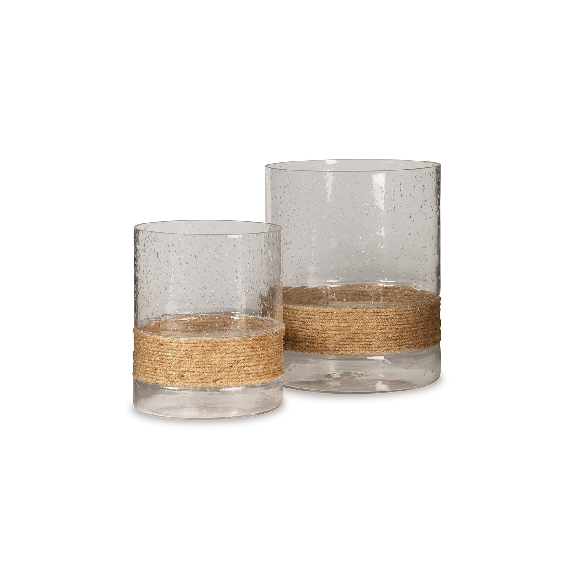 Signature Design by Ashley Eudocia Coastal 2 Piece Glass Candle Holder Set with Rope Base, Clear