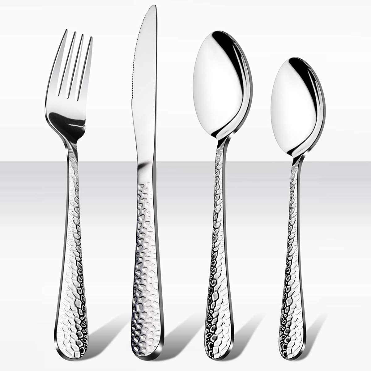 KASTWAVE Cutlery Set, Stainless Steel Flatware Silverware Set, Hammered Design Knife Fork Spoon Set for Home, Camping, Party, Healthy And Durable, Dishwasher Safe, Mirror Polish, 16 Pieces