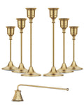 Gold Candleholders for Taper Candlesticks Plus Candle Snuffer – Dining Table Décor Centrepiece - Brass Candelabra Candlestick Holder - Gold Décor for Home Weddings Celebrations Events (Set of 6 Pcs)