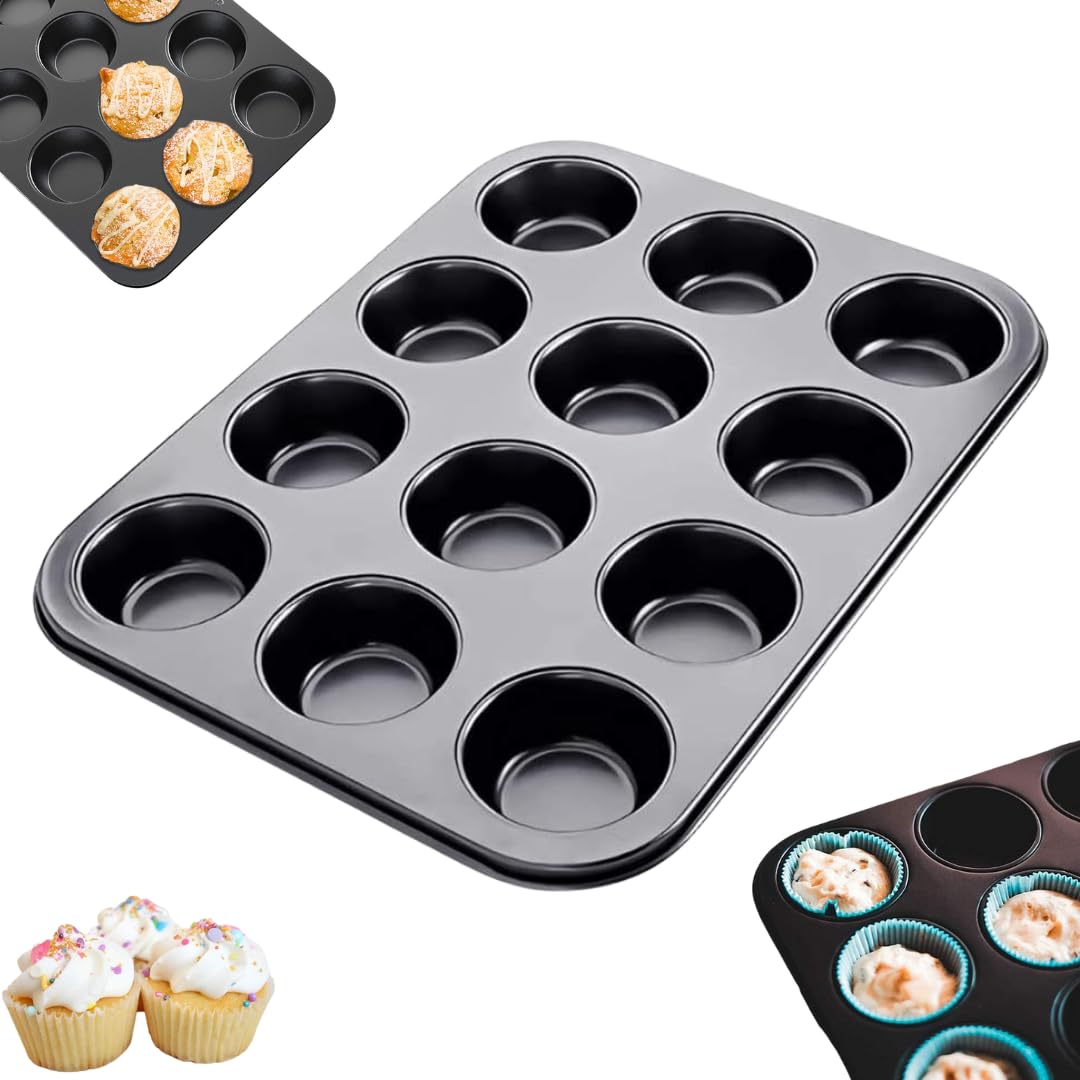 MARKQ 12-Cup Muffin Pan – Non-Stick Carbon Steel Cupcake & Muffin Tray | Rectangular Baking Pan for Muffins, Cupcakes, Egg Bites & Mini Desserts – Durable Oven-Safe Bakeware, Dishwasher Safe - Black