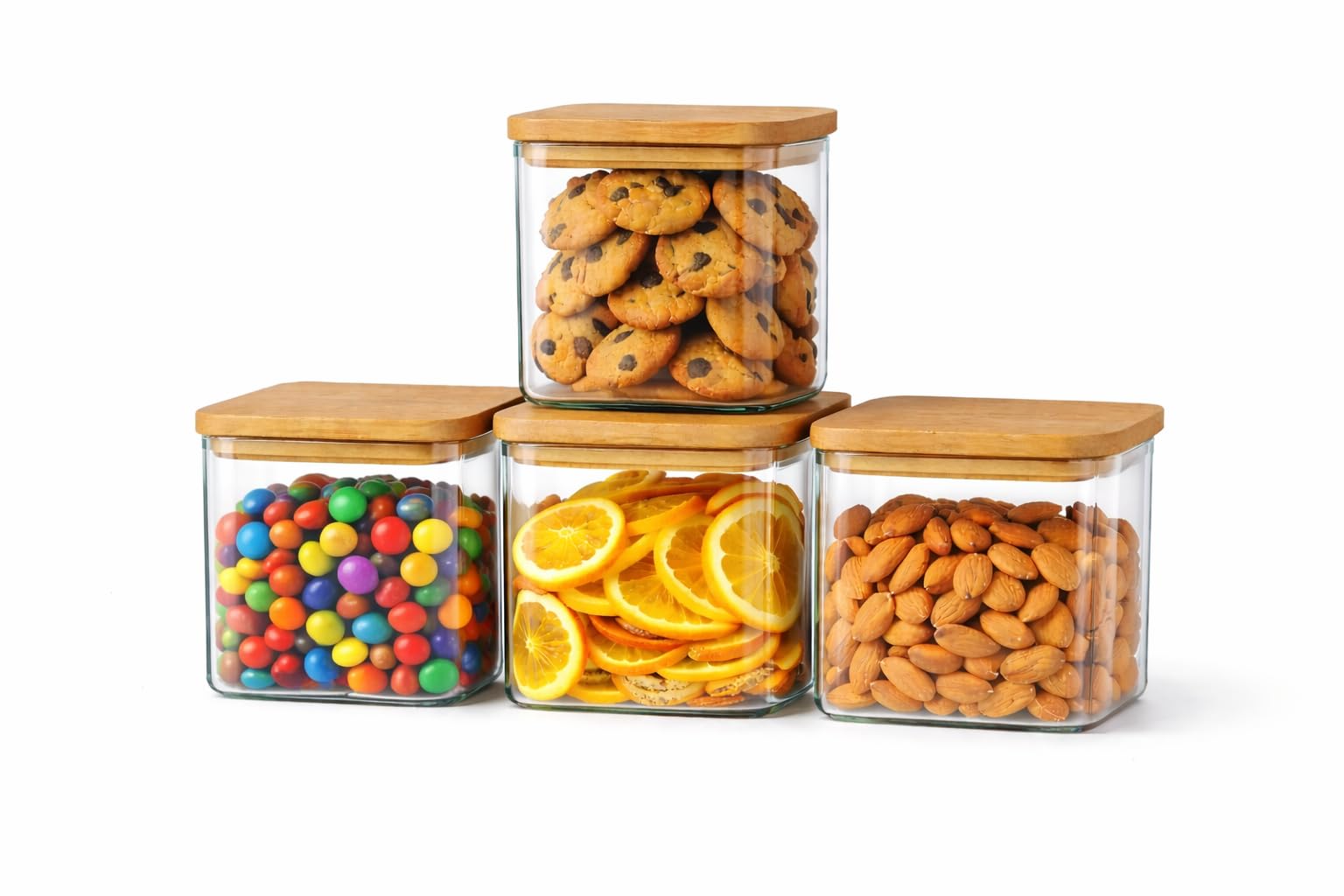 Glass Storage Jars with Bamboo Lids, 650ml (22oz), Set of 4, Airtight Square Containers for Kitchen and Pantry Organization, Clear