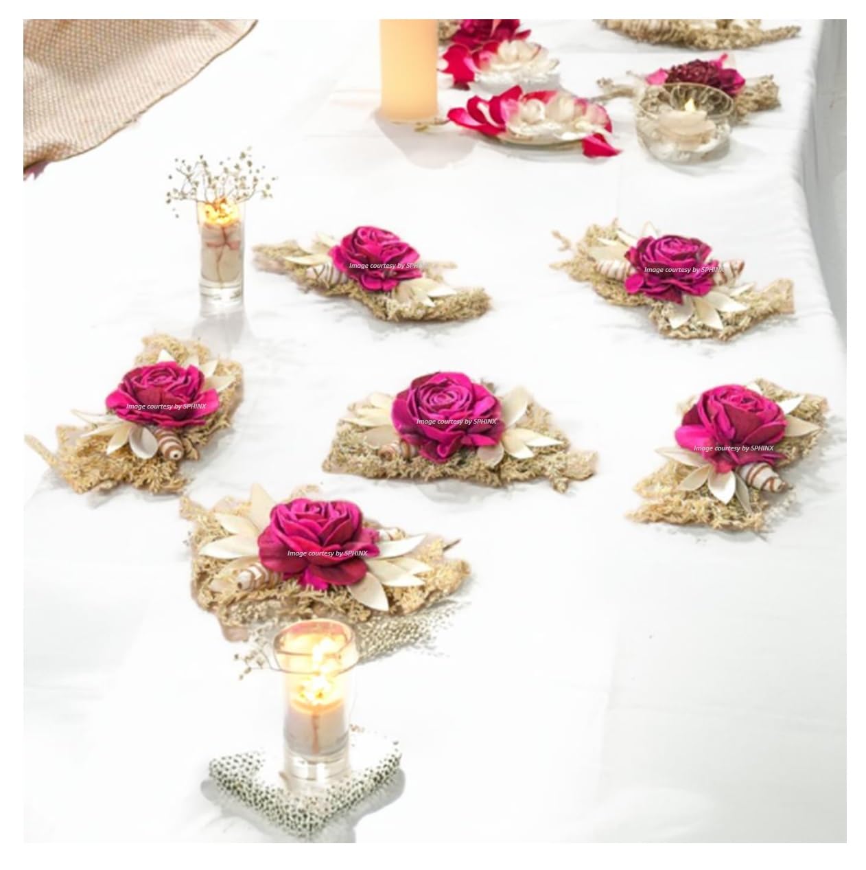 Handmade Eco-Friendly Sola Flower, Palm Leaves and Dried Plants Arrangement for Home, Office, Table, Centerpiece, Wedding Arches, Candle Votive Decorations, Crafts - (4, Pink)