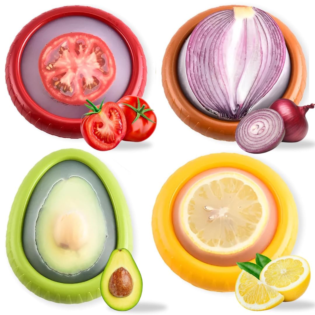 BIGTHREE Silicone Fruit Storage Box, 4 Pieces Reusable Fruit Storage Containers for Fridge, Half Cut Fruit Containers, Food Huggers for Vegetable, Tomato Holder, Lemon Fresh Stretch Pods Keeper