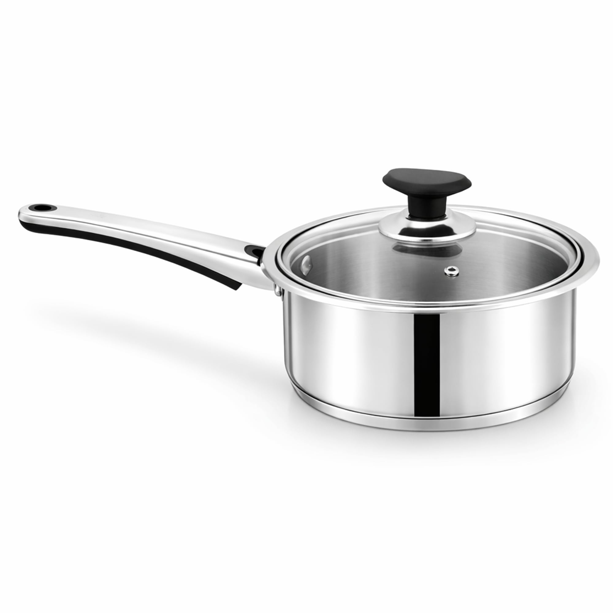 SONEX COOKWARES Mega Stainless Steel Sauce Pan, (3 Ltr) with Glass Lid – Ergonomic Cool Handle, Sandwich Bottom, Sleek Modern Appearance, Ideal for Sauces, Soups & More (20cm)