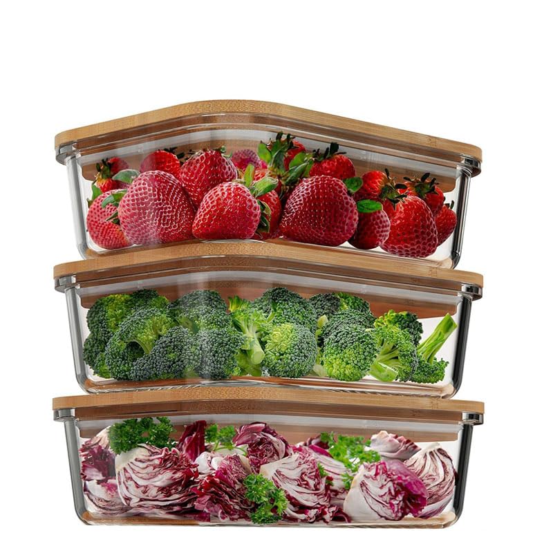 Glass Food Storage Containers with Bamboo Lids (3 Pack, 36 Ounce) Eco Friendly Meal Prep Containers Airtight – Plastic Free