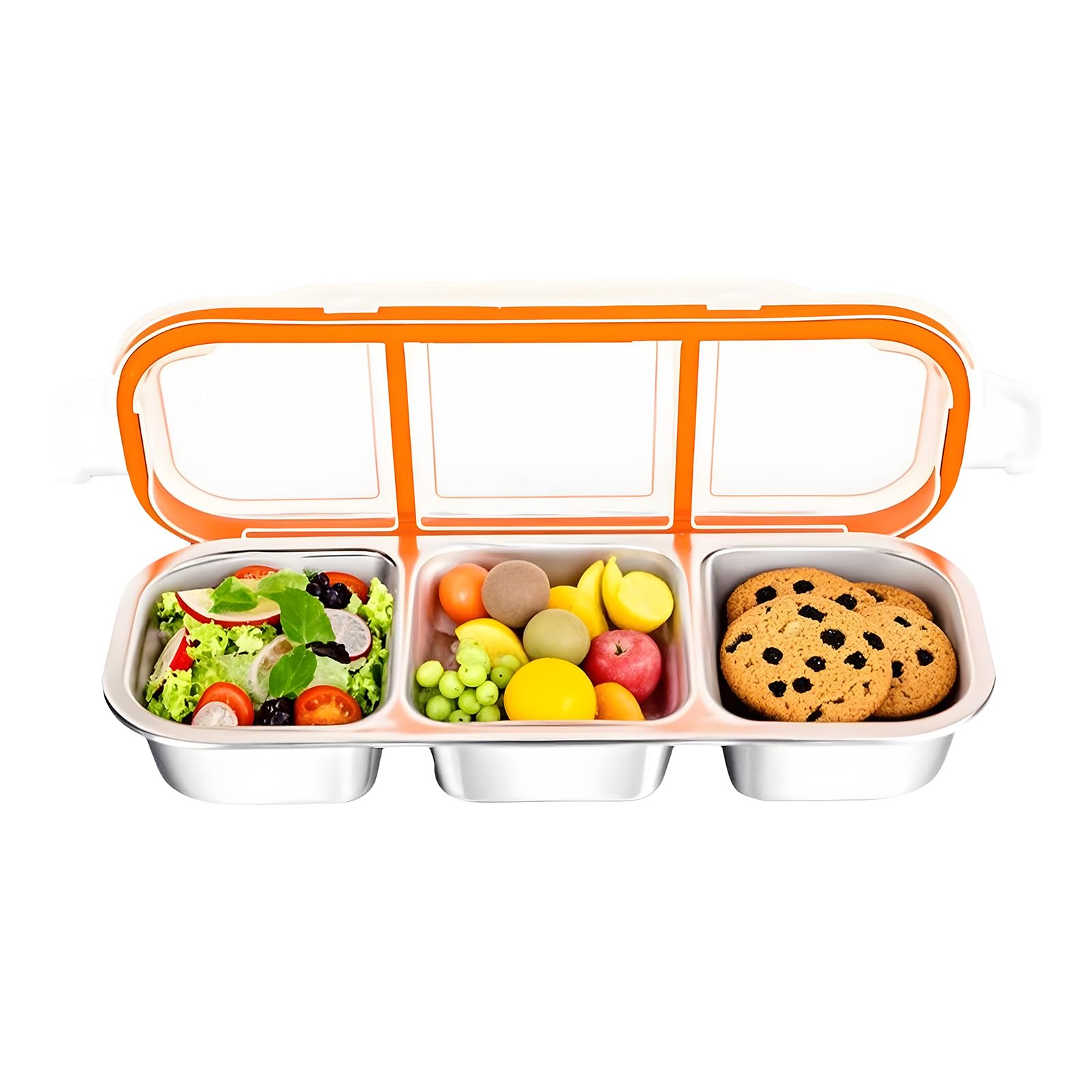 Stainless Steel Snack Container, 3-Compartment, 600ml,Leakproof Food Box with Lids, Reusable Divided Container