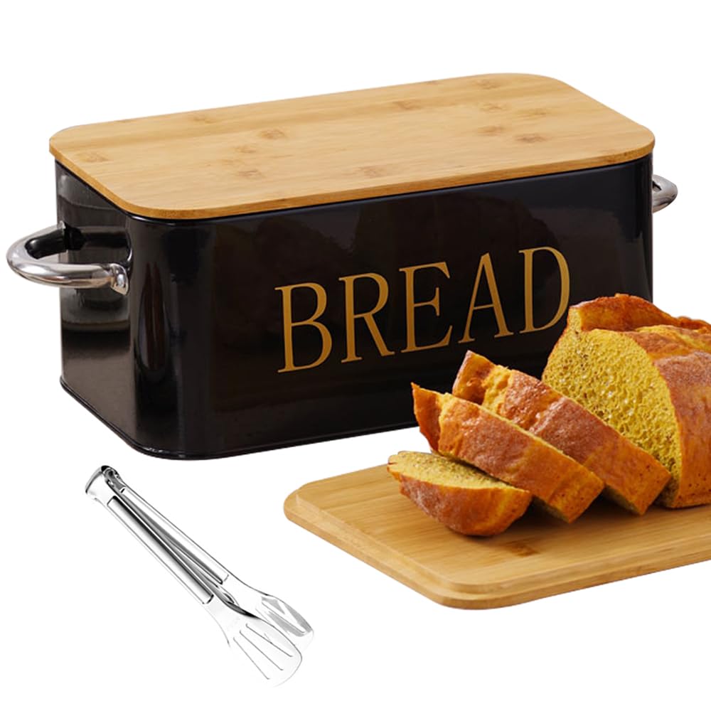 Bread Box with SUS304 Food Tong,Metal Bread Container with Air Valve&Bamboo Cutting Lid,Bread Bin with Metal Handles for Food Storage (Black)